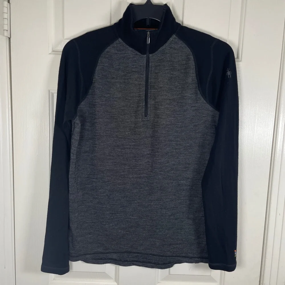 Smartwool Men Quarter Zip Pullover 100% Merino Wool Black Gray Medium Base Layer